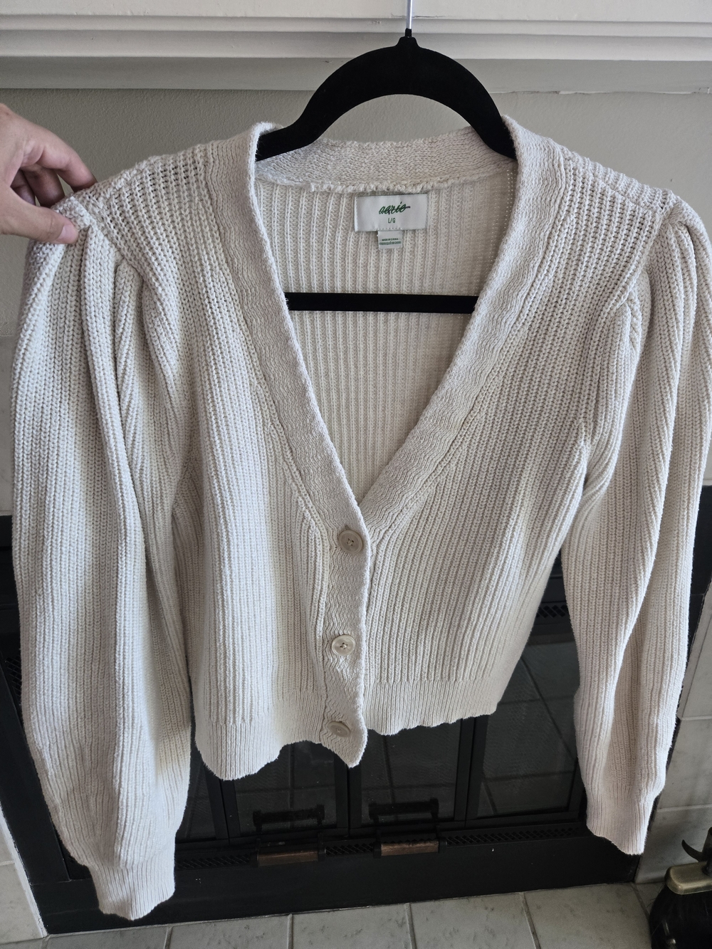 aerie Cream Ribbed V-Neck Button-Front Puff Sleeve Cardigan